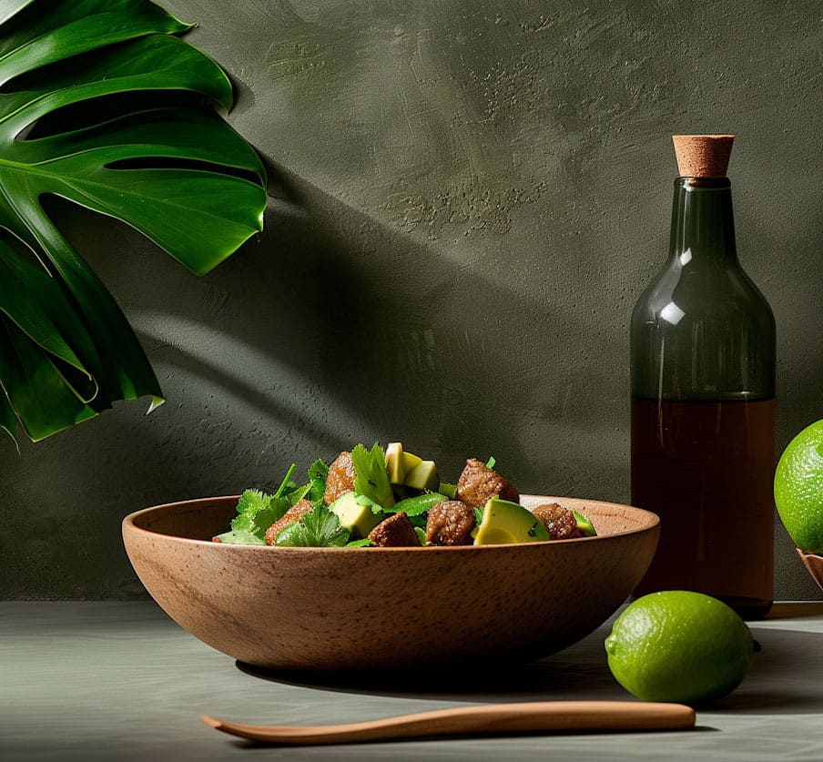Cuenco con una ensalada y una botella de aceite de oliva